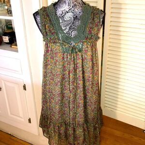 NWT Boho Floral Ruffle, Lace & Tie Chiffon Lounge Dress. Lined. Flowy.
